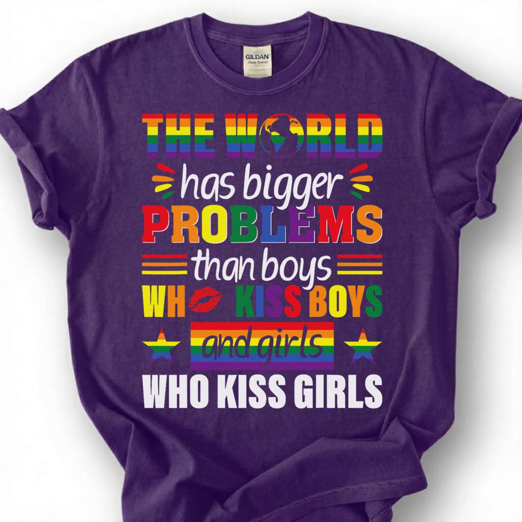 World Has Bigger Problems Than Boys Kissing Boys Shirt, LGBTQ Pride Equality Tee, Gay Lesbian Ally Gift, Rainbow Statement Apparel Top