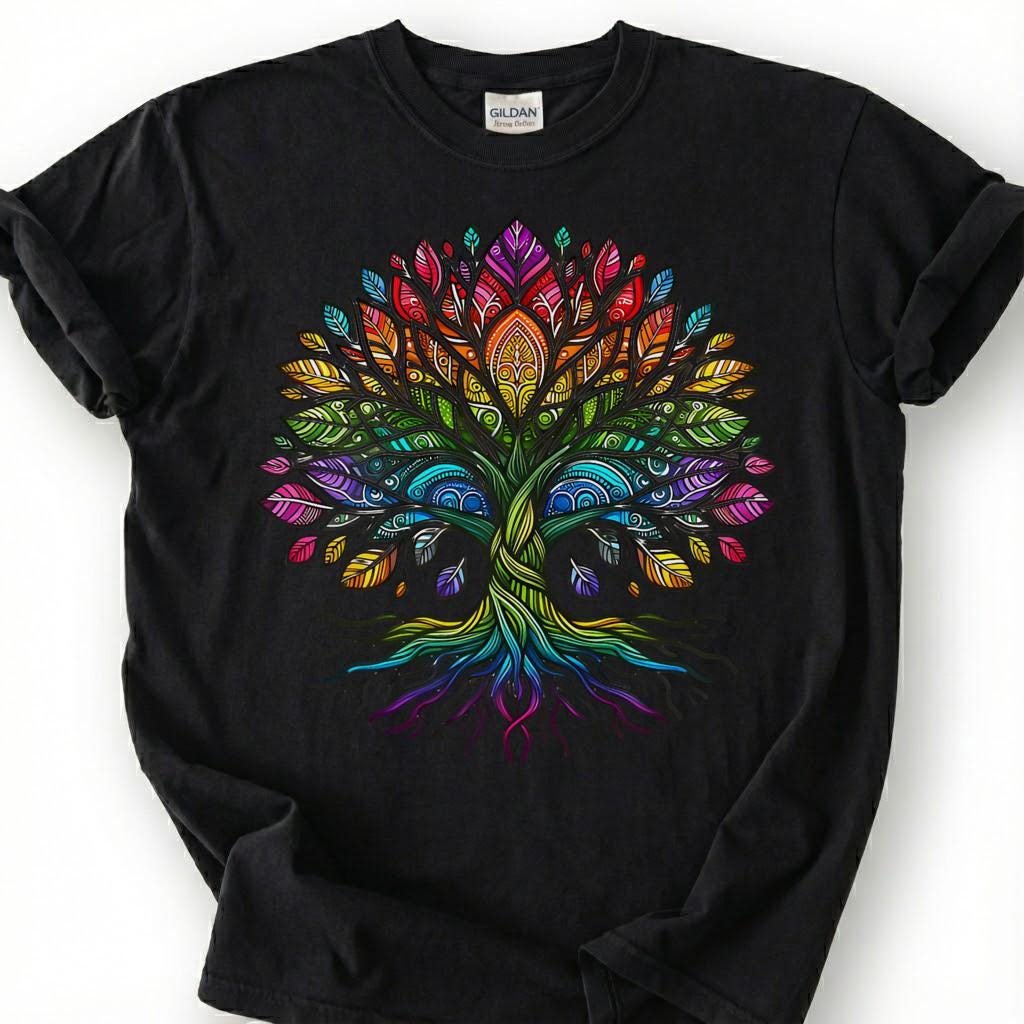 Boho Mandala Tree Of Life Rainbow Shirt, Ornate Hippie Pride Tee, Spiritual Yoga Meditation Gift, Sacred Geometry Bohemian Nature Apparel