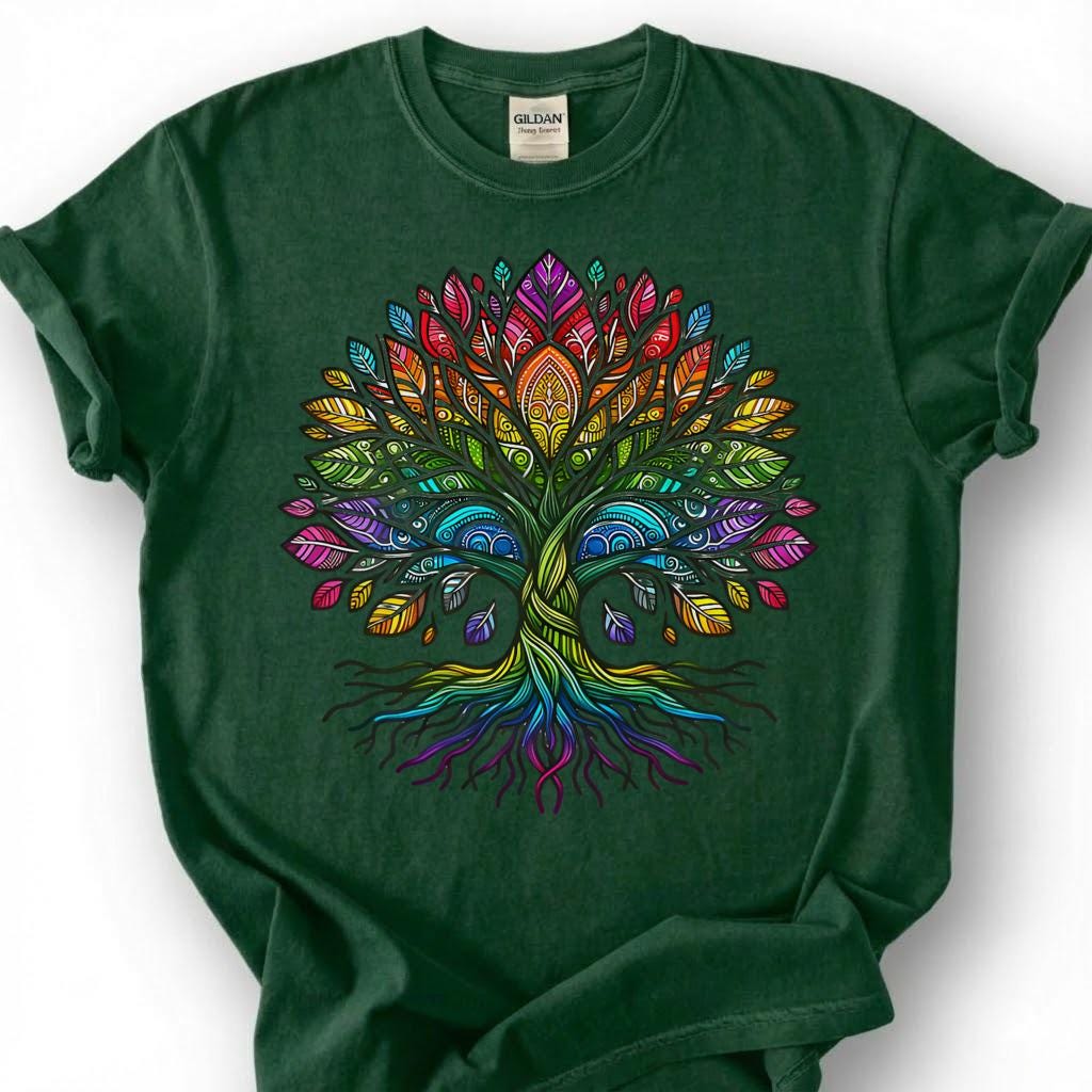 Boho Mandala Tree Of Life Rainbow Shirt, Ornate Hippie Pride Tee, Spiritual Yoga Meditation Gift, Sacred Geometry Bohemian Nature Apparel