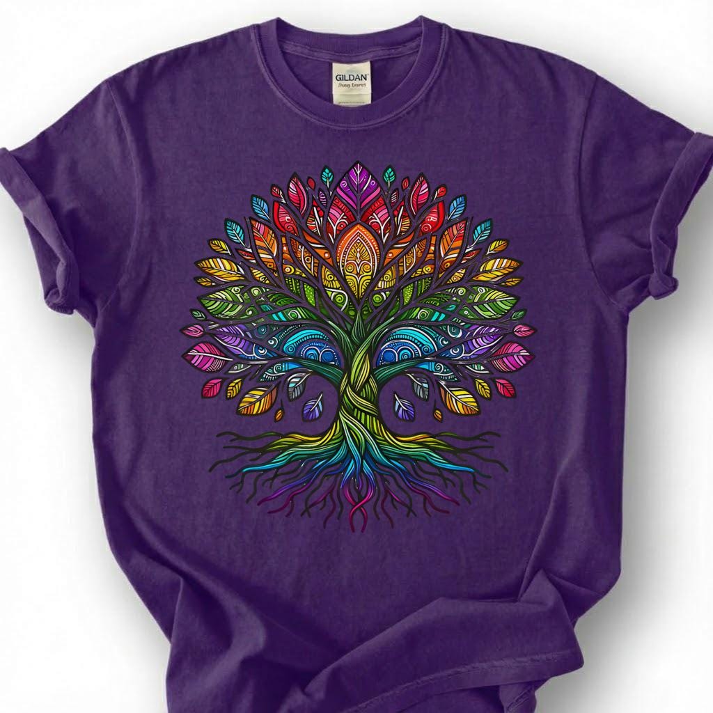 Boho Mandala Tree Of Life Rainbow Shirt, Ornate Hippie Pride Tee, Spiritual Yoga Meditation Gift, Sacred Geometry Bohemian Nature Apparel