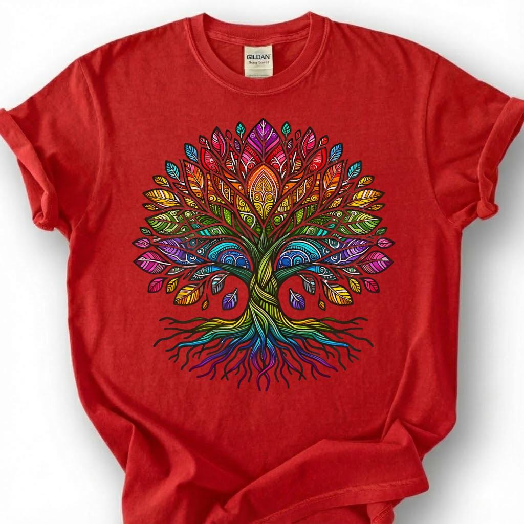 Boho Mandala Tree Of Life Rainbow Shirt, Ornate Hippie Pride Tee, Spiritual Yoga Meditation Gift, Sacred Geometry Bohemian Nature Apparel